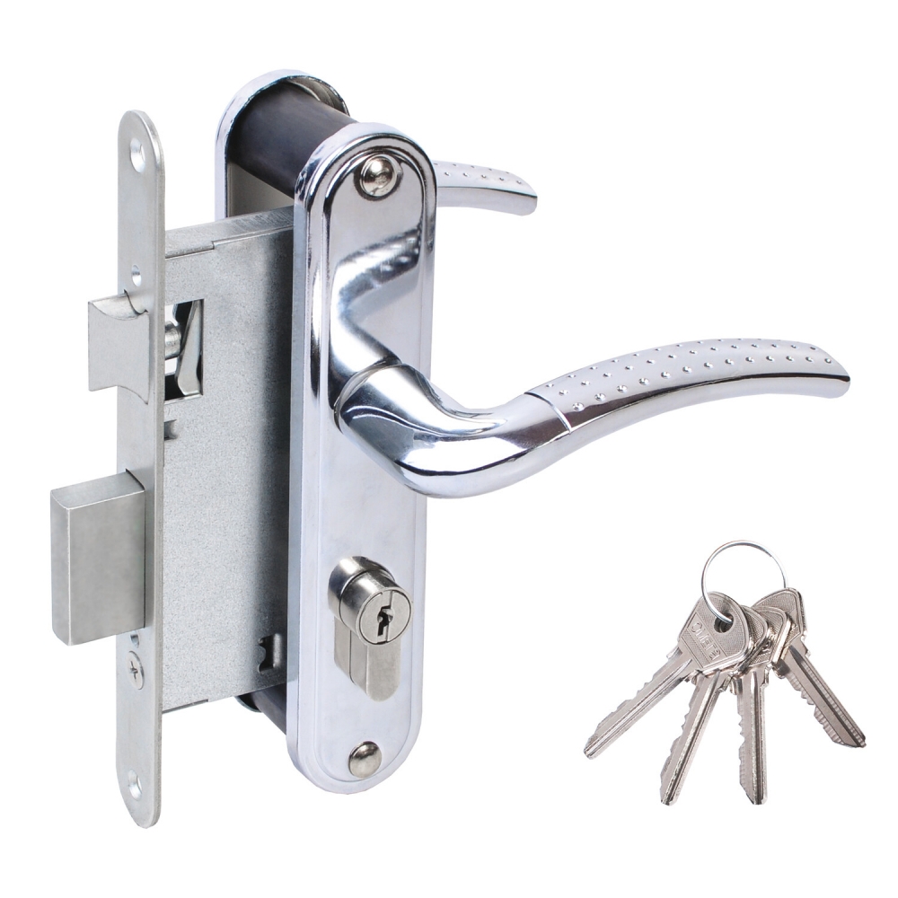 Фото Замок врезной цилиндровый с защёлкой в комплекте с ручкой ЗВ4-55.27 (хром), 4 кл.